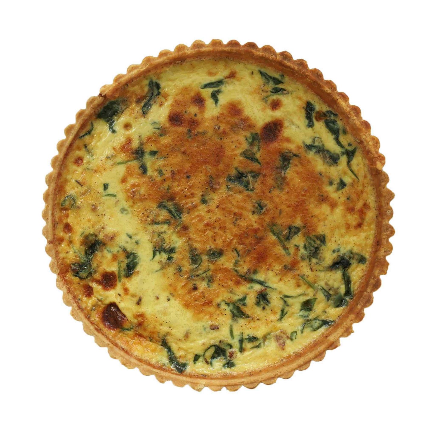 Top view of the 24cm bacon and spinach quiche.