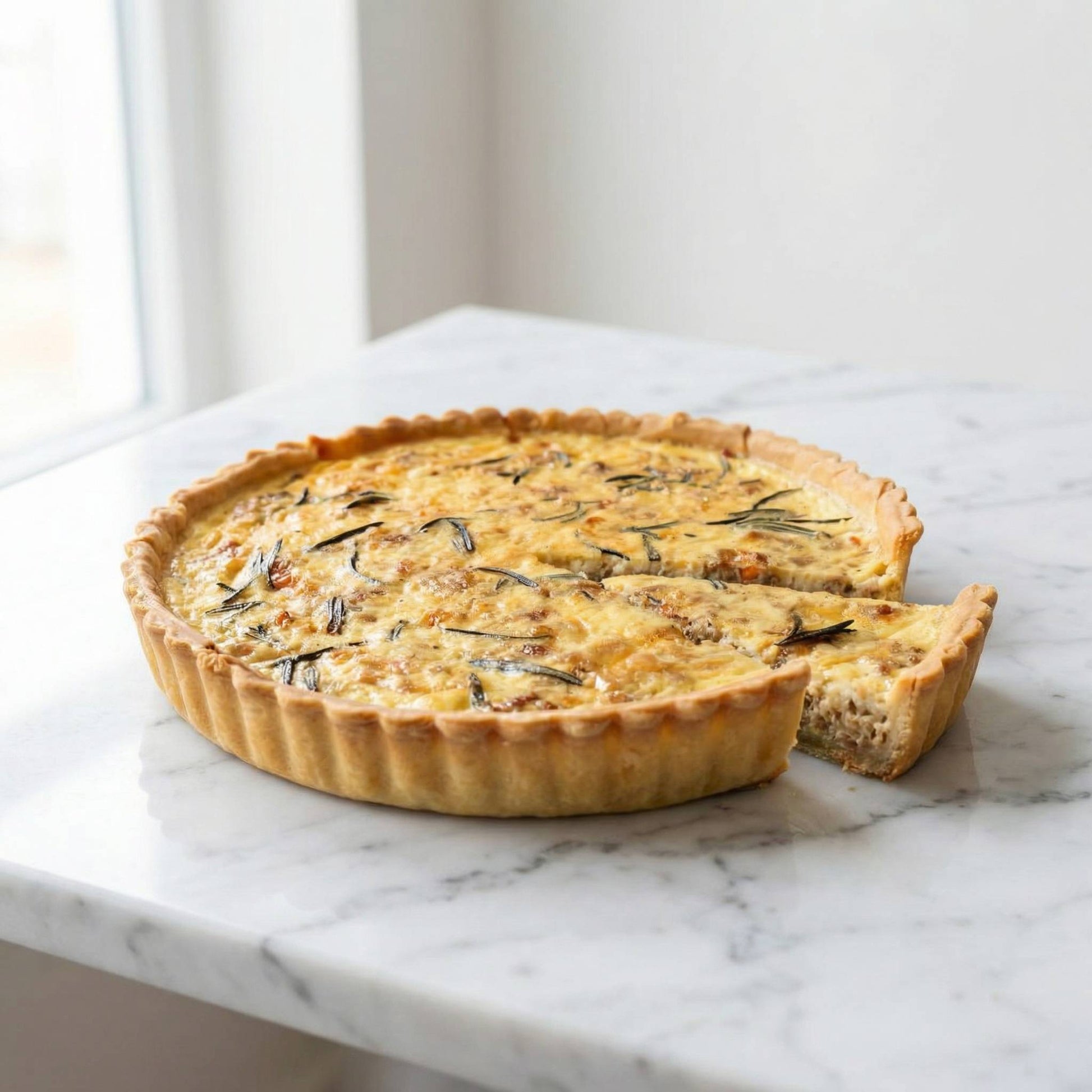 Smoked Salmon and Caramelised Onion Quiche on white marble with a slice pulled out showing creamy custard interior with smoked salmon and caramelised onions, 24cm family size, Carpina Bakery Singapore