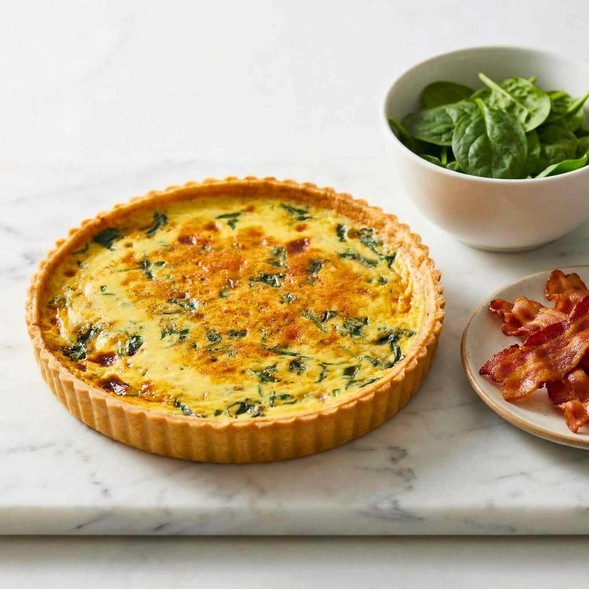 24cm family size Bacon Spinach quiche with bowl of fresh spinach and crispy bacon on marble board Carpina Bakery Singapore