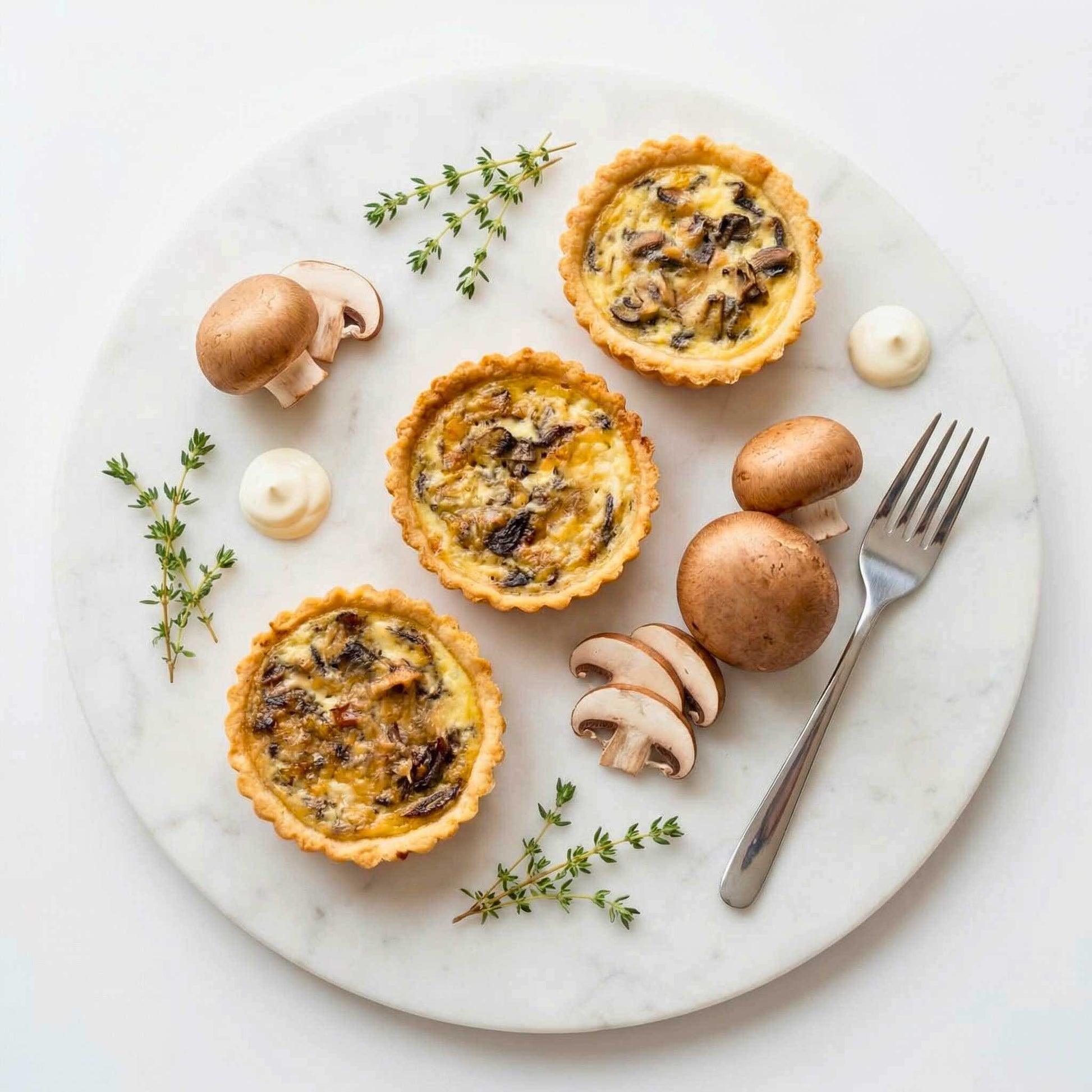Overhead view of three single serve mushroom and ham quiches on a round marble board with fresh thyme, mushrooms and cream, Carpina Bakery Singapore