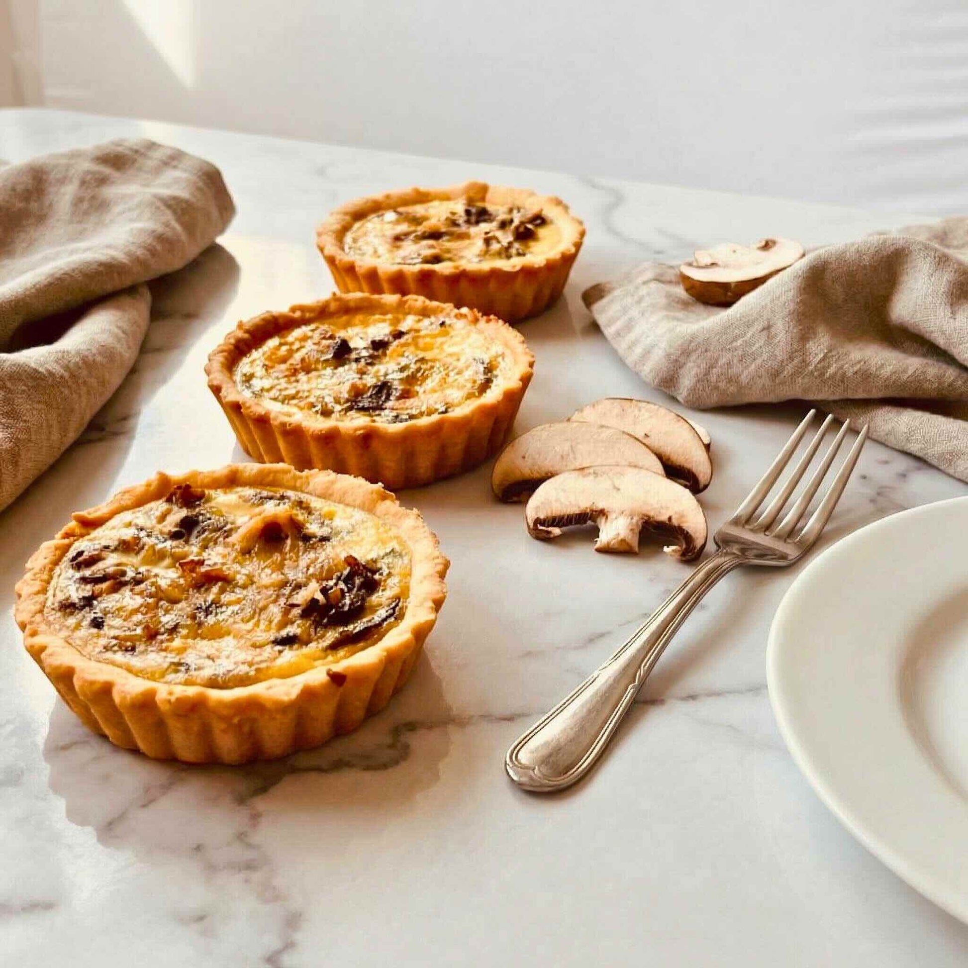 Three single serve mushroom and ham quiches arranged on white marble with linen napkins, sliced mushrooms and a fork, Carpina Bakery Singapore