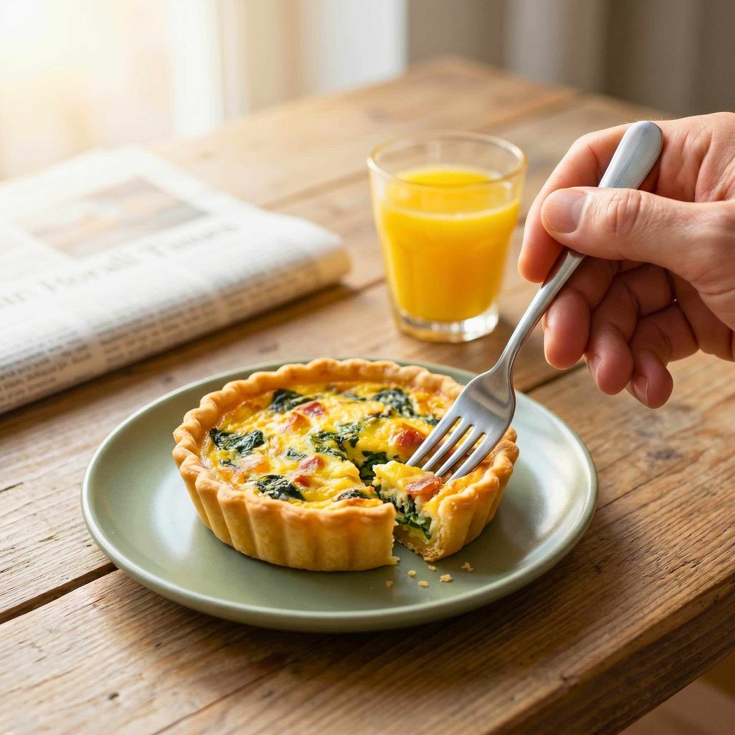 Single serve Bacon Spinach quiche 10cm on marble board with dinner fork and plate ready to enjoy golden buttery thin crust creamy custard Carpina Bakery Singapore