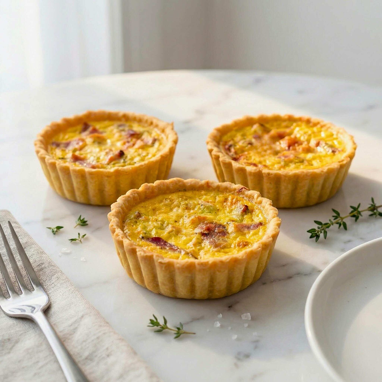 Three single serve smoked duck and leek quiches on white marble with fresh thyme sprigs, linen napkin and a fork, 10cm individual size, Carpina Bakery Singapore