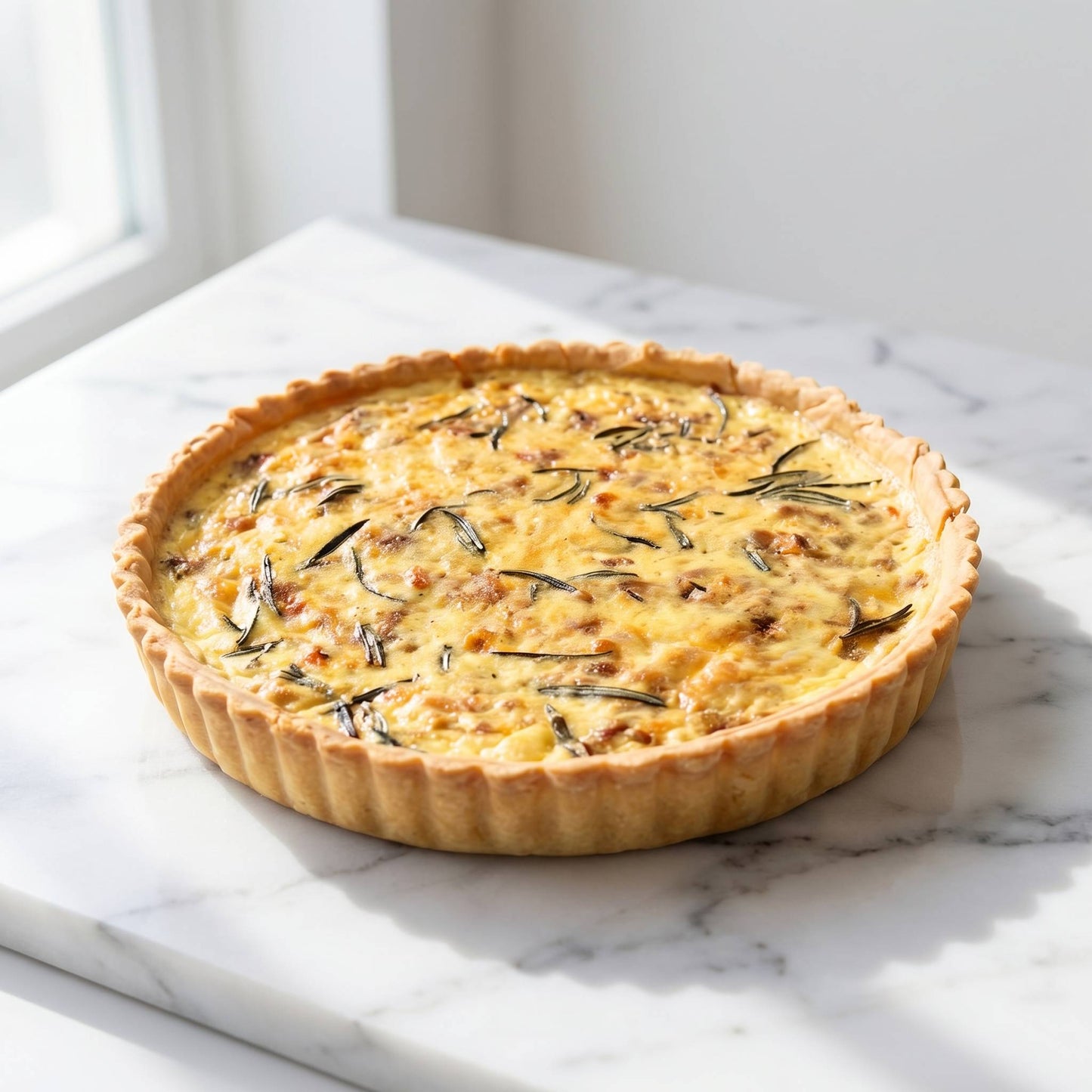 Whole Smoked Salmon and Caramelised Onion Quiche on white marble with fresh rosemary sprigs and golden thin crust, 24cm family size, Carpina Bakery Singapore